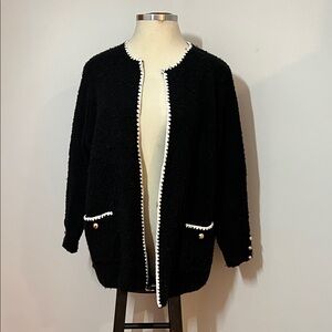 Sioni Black and White Trim Boucle Chic Elegant Cardigan Pockets Gold Button